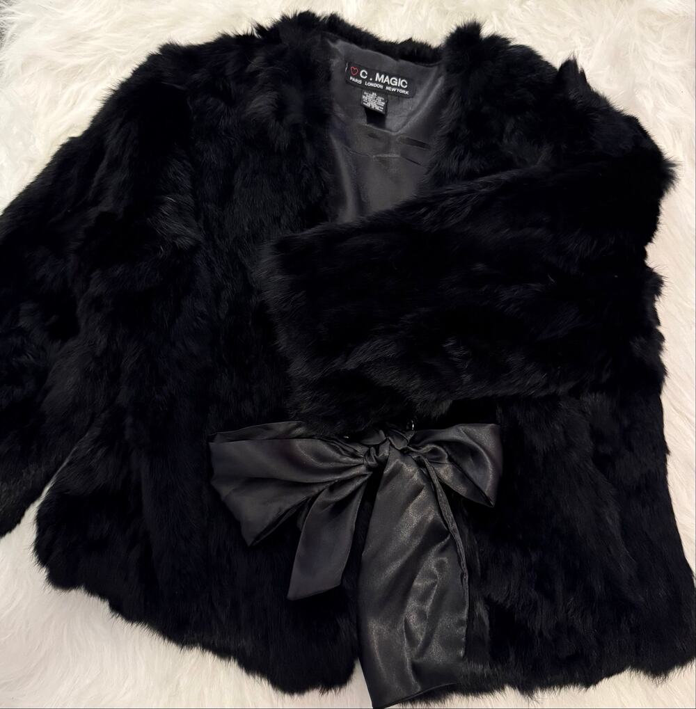 C. Magic Black Real Rabbit Fur Jacket XL Satin Tie Bow Grommet Evening Coat